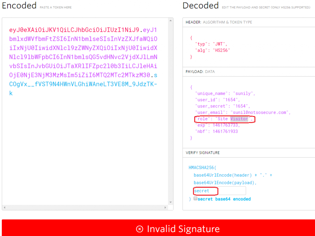 Invalid signature for the key value given